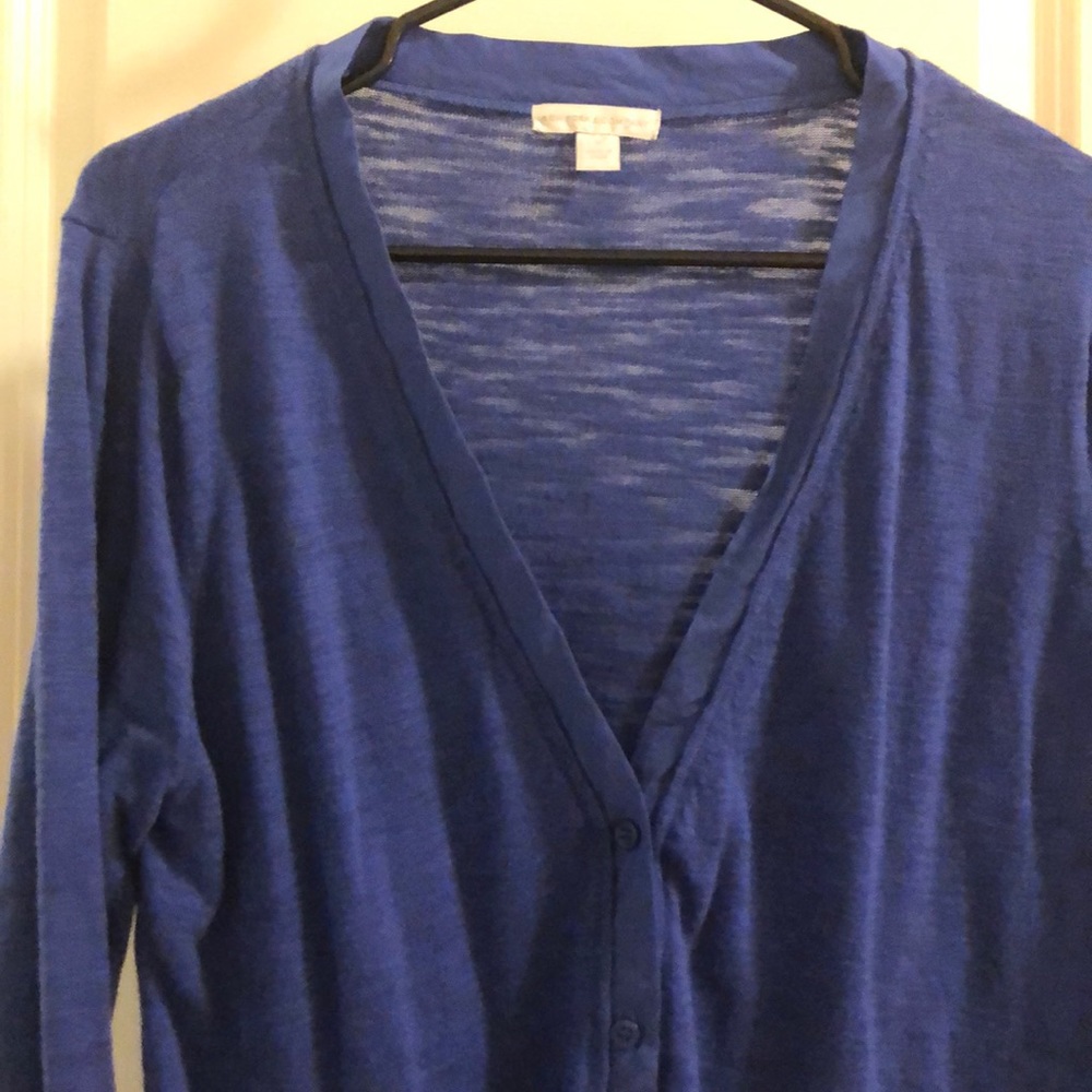 Blue button up lightweight sweater. Looks great!